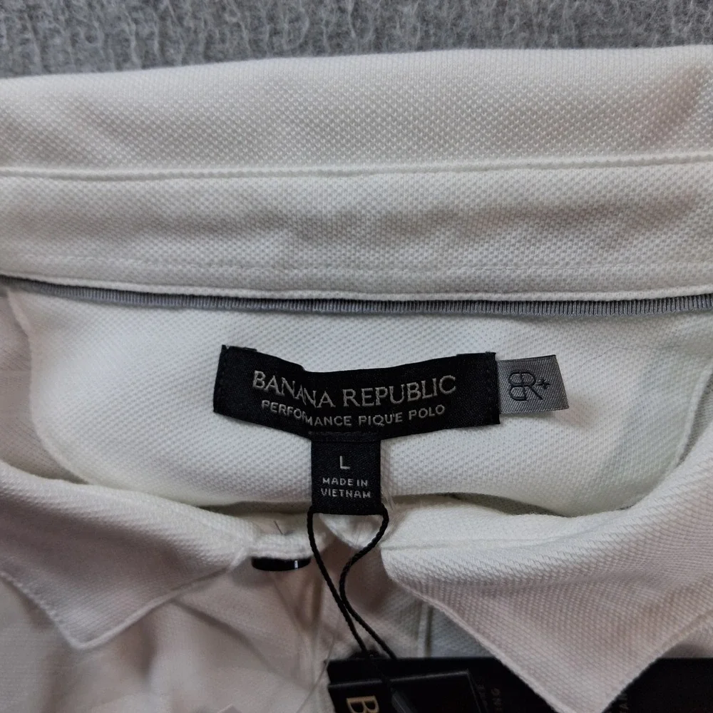 Banana Republic Polo Shirt Mens L White Performance Pique Long Sleeve Chevron